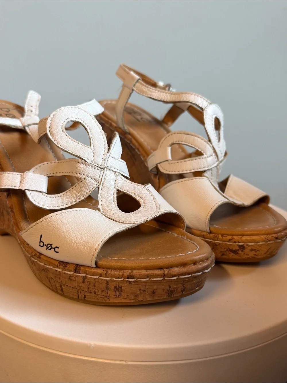 b.o.c. White Leather Cutout Wedge Sandals